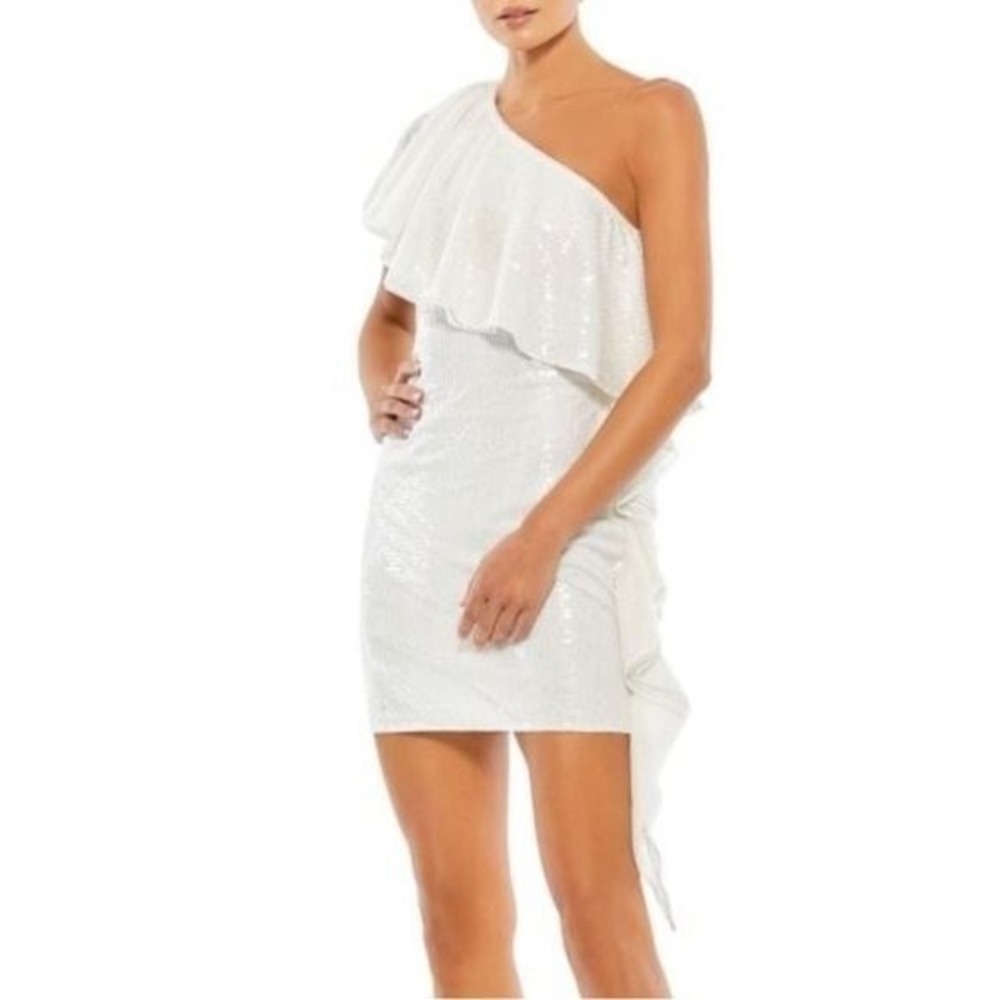 MAC DUGGAL Ruffle-Trim Sequin One-Shoulder Dress White Mini Size 0 NWT